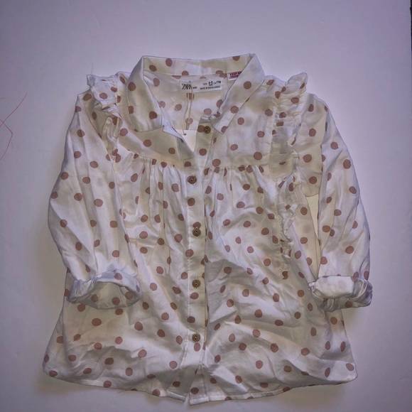 ZARA Ruffle Pink Polka Dot Long Sleeve Shirt - Picture 2 of 5